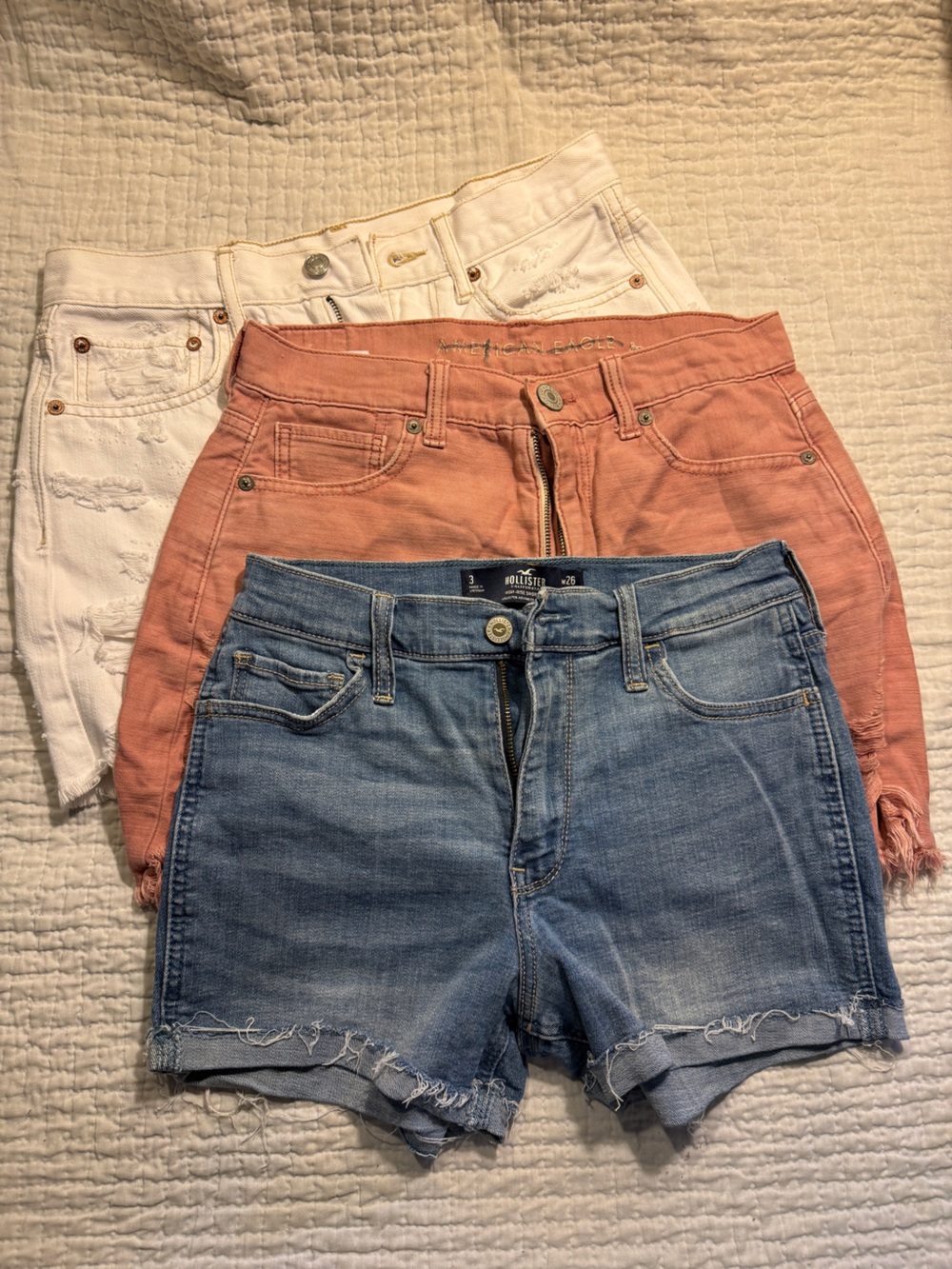 American Eagle & Hollister Denim Shorts Trio - Light Blue, Coral, White. Size 4